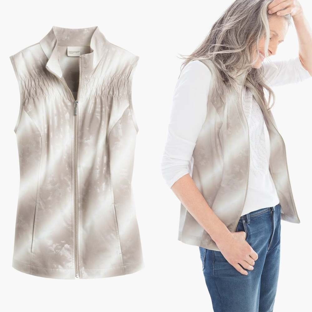 Chico’s Zenergy | Neema Statement Sz 1 Tan & Silver Lightweight Zipper Vest